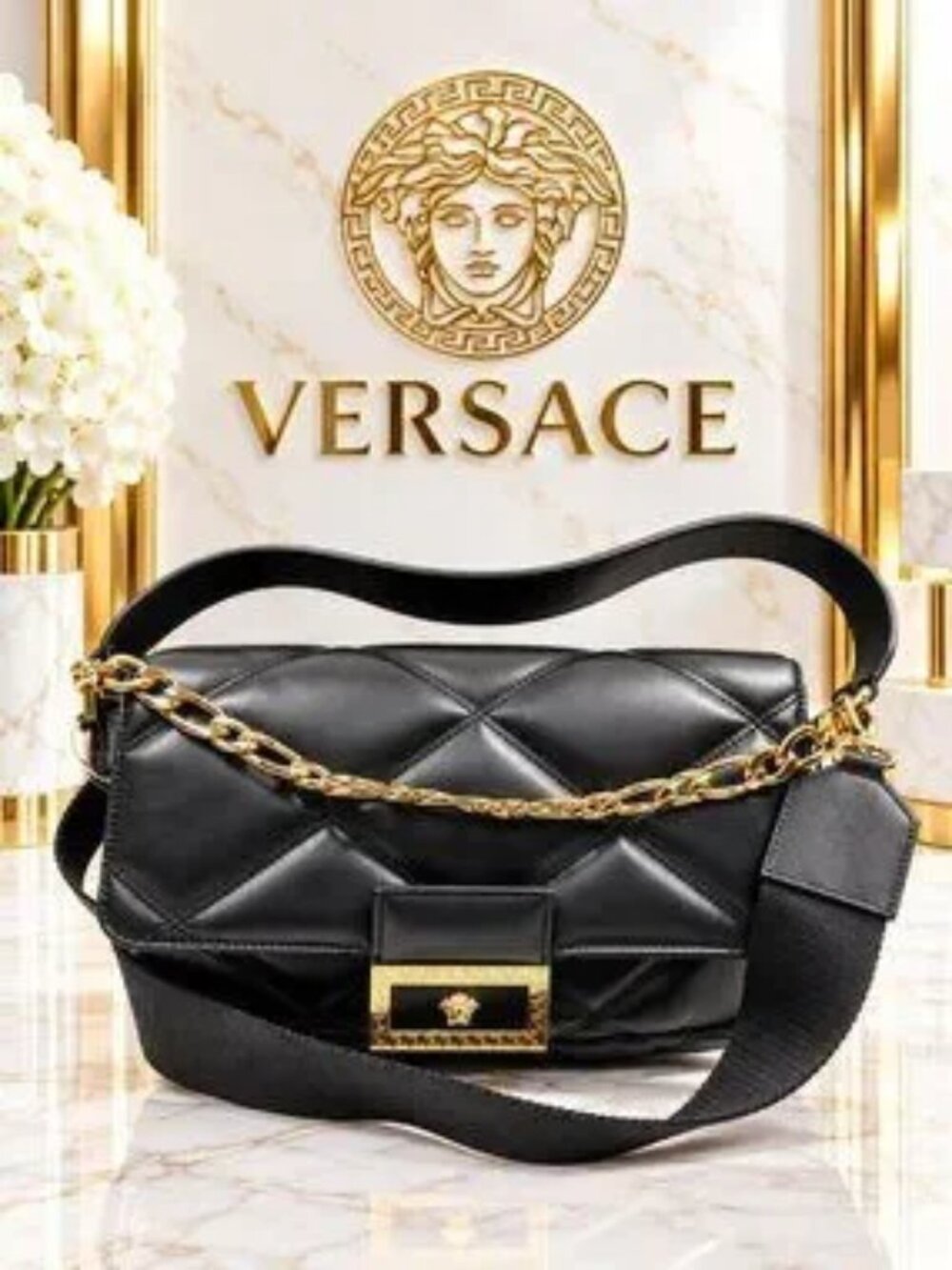 Versace Black Quilted Leather Medusa Gold Chain Shoulder Crossbody Bag